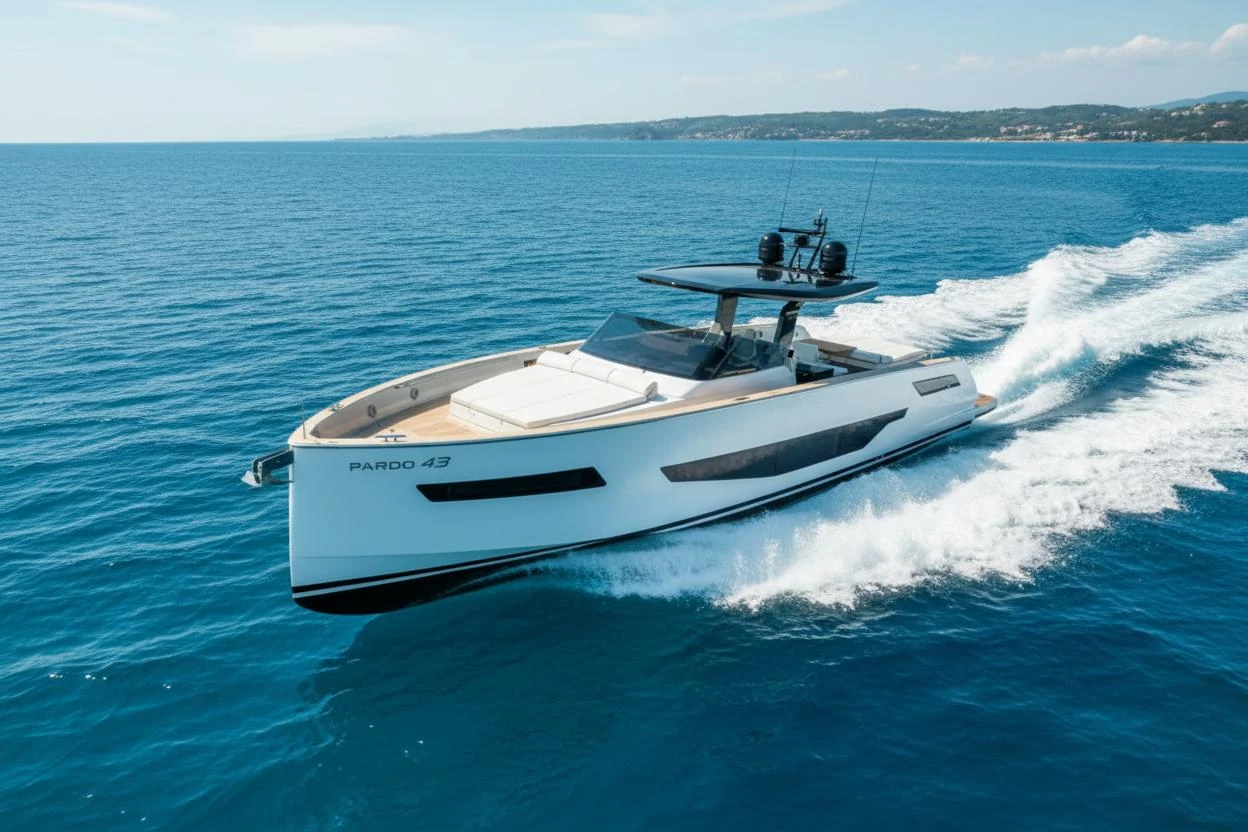Performance motor yacht under way on the Mediterranean
