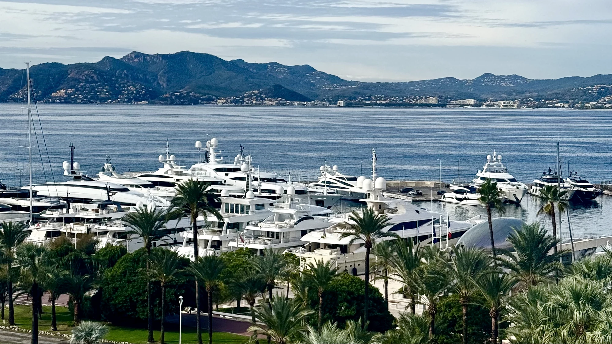 Authentic panoramic view of a Mediterranean yacht harbour framed by palms and coastal mountains