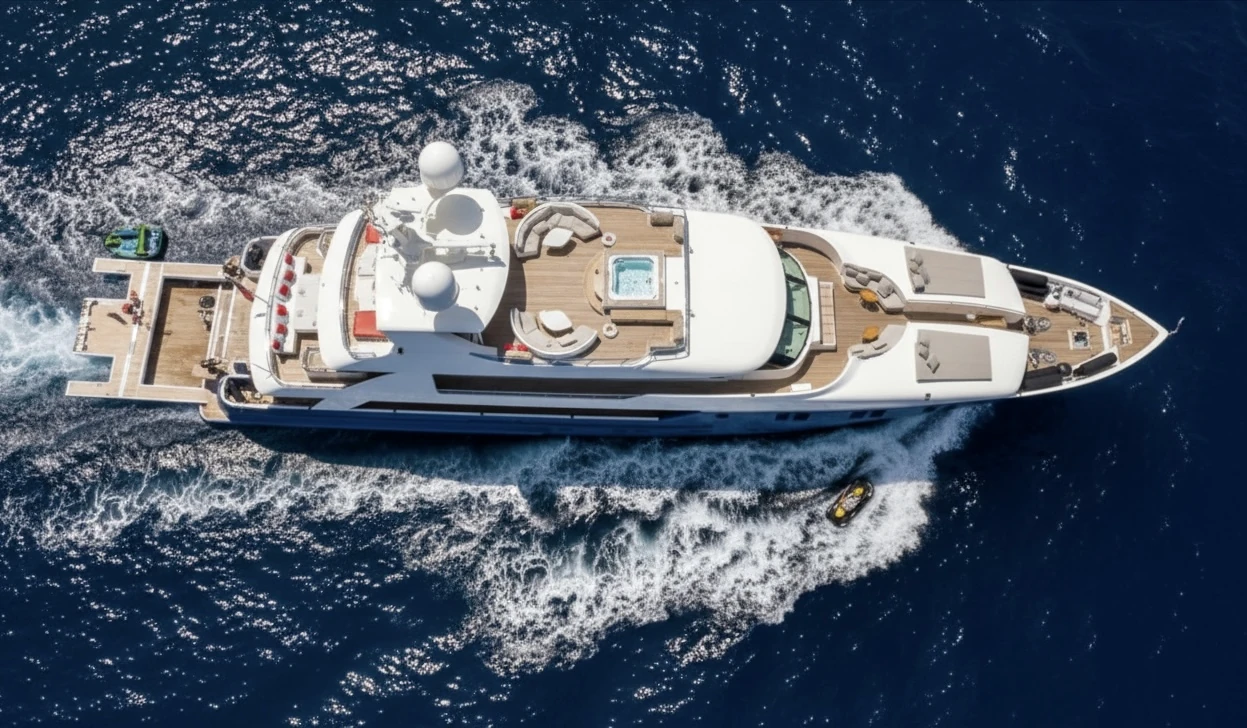 Vue aérienne d’un superyacht privé naviguant en Méditerranée