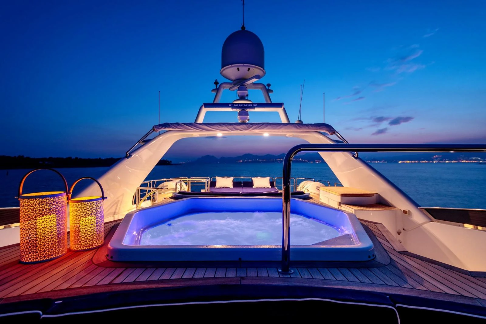 Private motor yacht anchored in clear water near the Lérins Islands